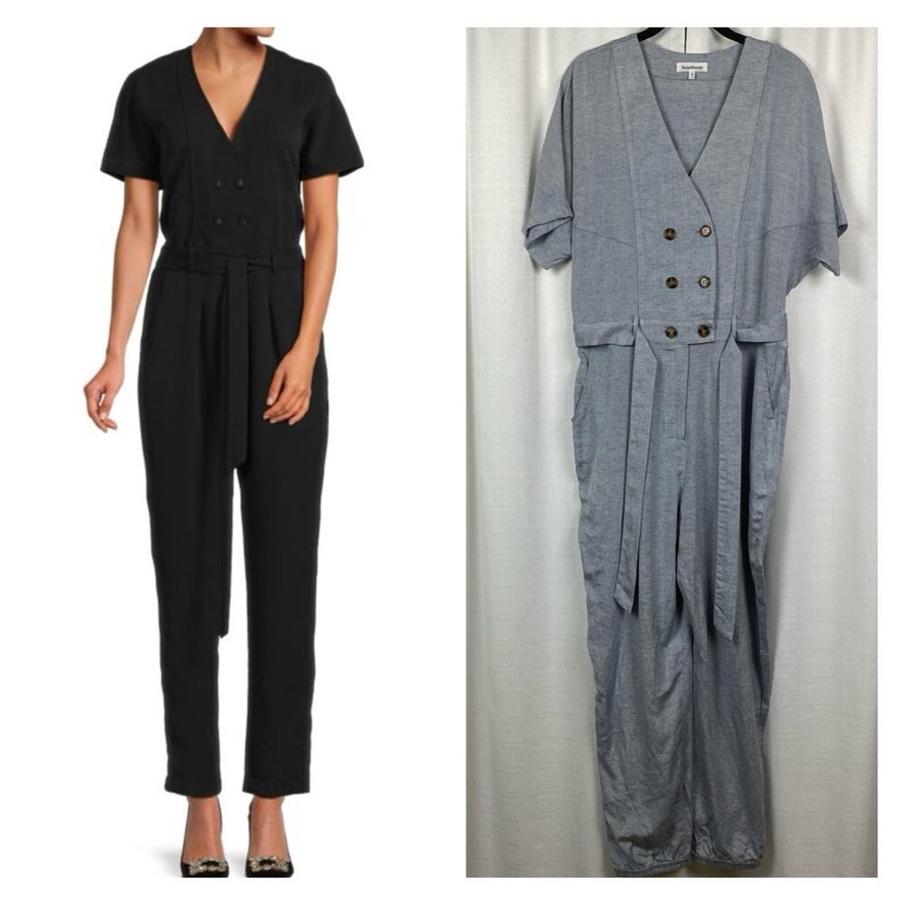Revolve Heartloom Blue Linen Blend Short Sleeve Jumpsuit Sz.L